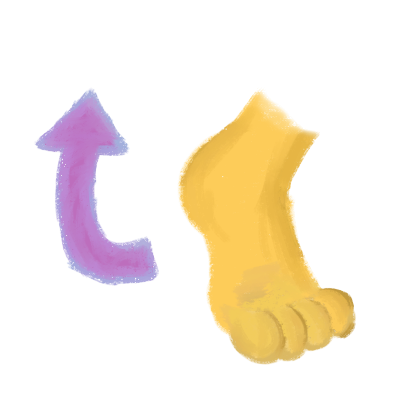 on the right is a yellow foot paw standing on their tippy toes, on the left is a purple arrow pointing upwards.